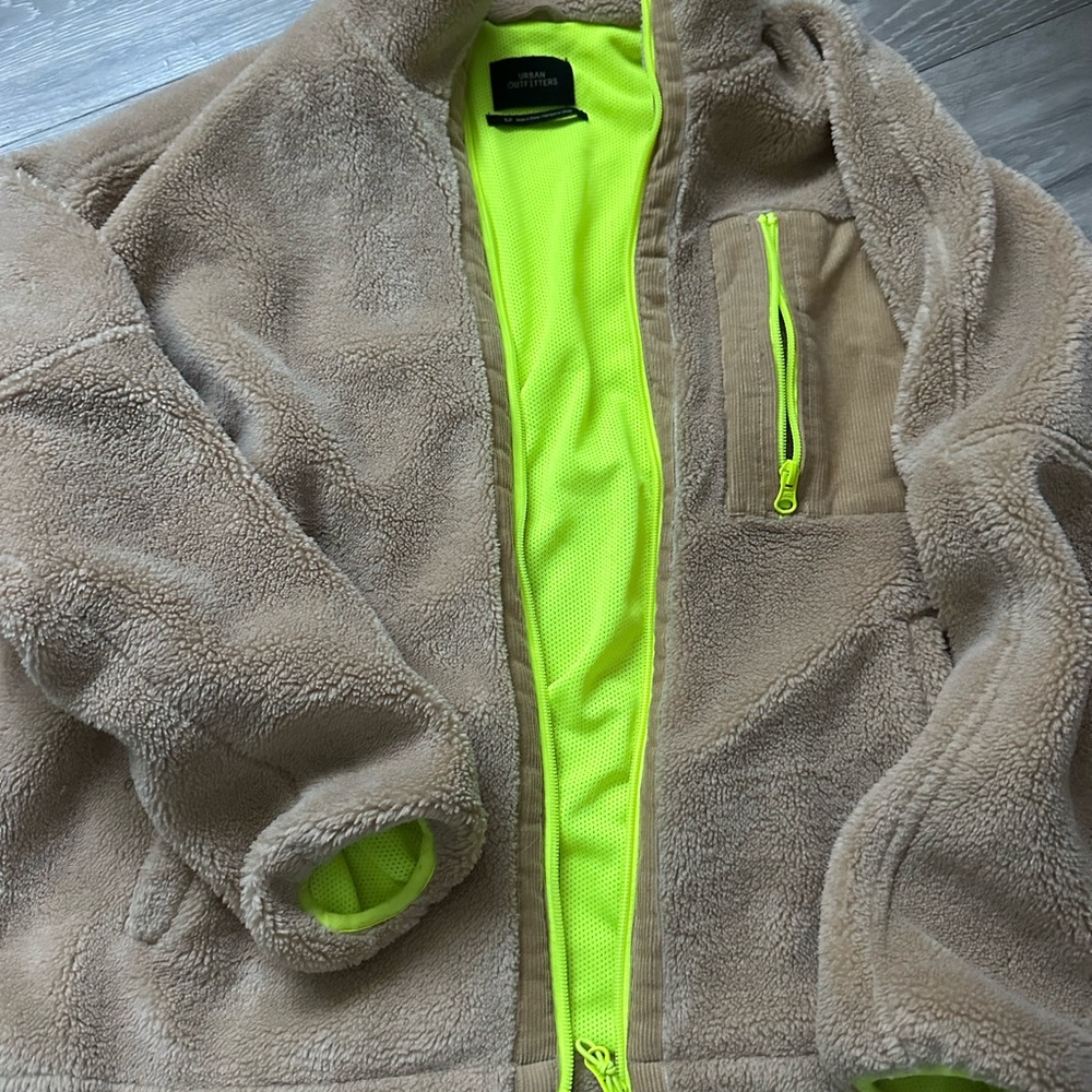 Urban Outfitters Beige Teddy Jacket with Neon Green Lining